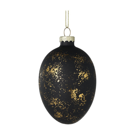 Fintry glass decorative egg ornament in matt black with scattered gold flecks, gold-tone cap and hanging thread, shown on a plain white background.
