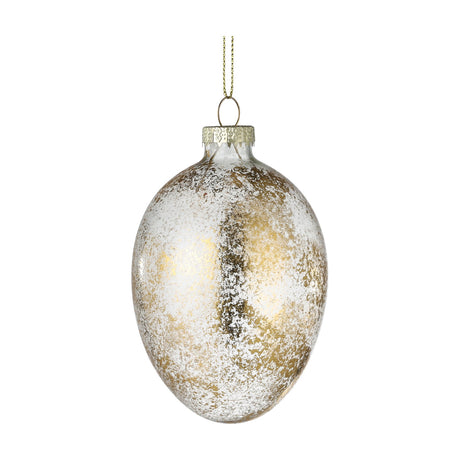 Fintry Glass Decorative Egg in clear glass with gold and frosty white speckled finish, gold-coloured cap and loop with gold cord, shown on a plain white background.