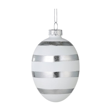 Fintry Glass Decorative Egg ornament in matt white with four brushed silver stripes, silver cap and hanging cord, shown against a plain white background.