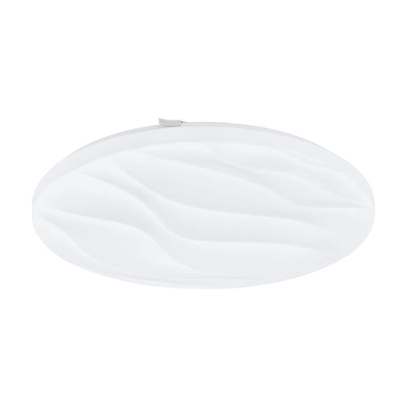 Fismenne LED flush ceiling light, 44cm round white fixture with a wave-textured plastic diffuser and steel body, shown at an angle on a plain white background.