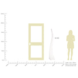 A scale chart compares a door, a human silhouette, and the Flame 5 Light Outdoor Floor Lamp - Opal White for size. The modern lamp stands beside them with a vertical scale from 0cm to 250cm and a scale note in the bottom right corner.