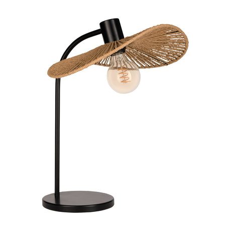 Flarborne Table Lamp in black steel with a curved arm and round base, topped by a wide woven paper shade exposing an E27 bulb, shown on a plain white background.