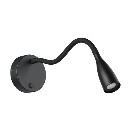 Flarmora LED Wall Light in black, with a round steel backplate, flexible gooseneck arm, tapered plastic spot head and an on/off switch, shown against a plain white background.