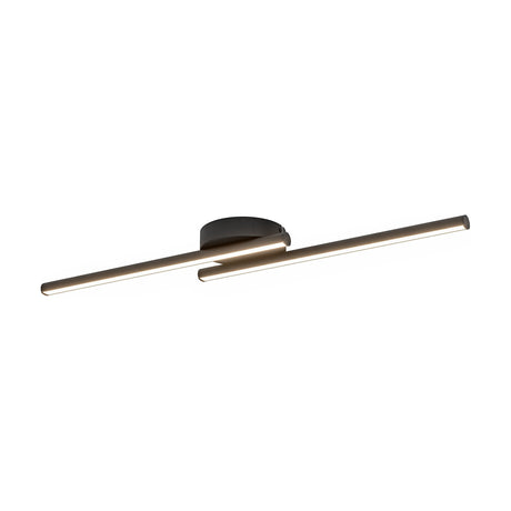 Flatron Smart Colour Changing LED Flush Ceiling Light with two offset slim light bars on a round matt black base, aluminium and steel finish, shown against a plain white background.