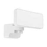 Epifano LED Flood Light 100W in white, a wall-mounted outdoor floodlight with a broad rectangular aluminium and plastic head on an adjustable bracket with sensor, shown on a plain white background.