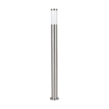 Flerbenne Bollard Light, a slim 110cm stainless steel outdoor post with round base, white plastic diffuser top and steel cap, E27 fitting, shown on a plain white background.