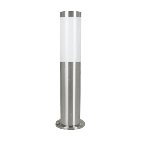 Flerbenne Bollard Light 45cm in stainless steel, a slim round outdoor post light with white plastic shade and flat screw-down base, shown on a plain white background.