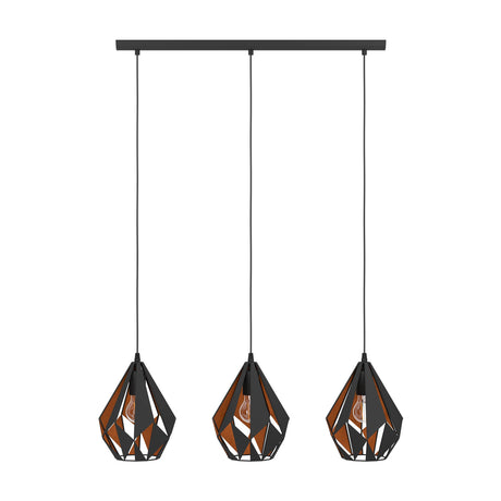 Flermanne 3-light linear pendant with black ceiling bar and three faceted black and copper cage-style shades with angled panels and triangular cut-outs, on a white background.