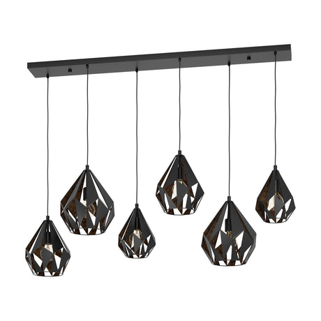 Flermanne 6 Light Linear Pendant Light featuring a black ceiling bar with six staggered faceted steel cage shades, black outside with copper lining, on a plain white background.