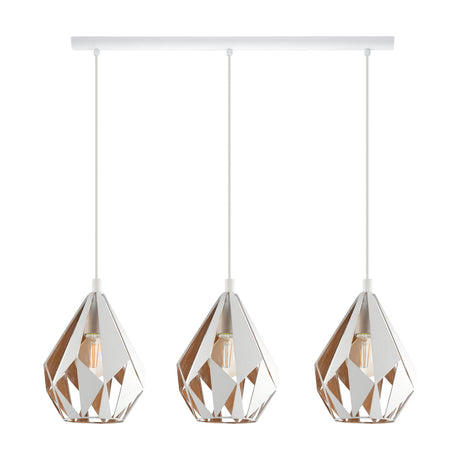 Flermanne Linear Pendant Light featuring a slim white ceiling bar with three faceted steel shades in white and gold, shown on a plain white background.