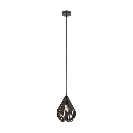 Flermanne Pendant Light 20.5cm with a faceted teardrop steel shade, black outside and copper inside, open cut-outs, suspended on a black cord from a round ceiling mount against a white background.