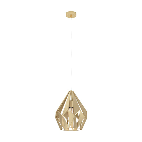 Flermanne Pendant Light 31cm in gold, a faceted steel shade with angled panels and open triangles tapering to a point, hung on a black cord from a gold ceiling rose, shown on a white background.