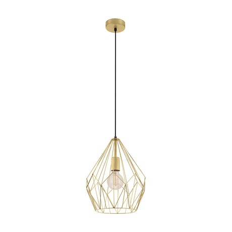 Flermanne Pendant Light 31cm in gold, an open geometric steel wire cage shade on a black cord with matching ceiling canopy, shown with an E27 bulb against a plain white background.