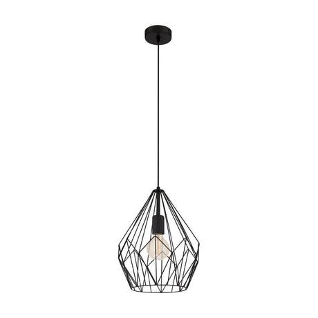 Flermanne Pendant Light 31cm in black steel wire with a faceted geometric cage shade, single E27 bulb holder, hung from a black cord and ceiling rose on a plain white background.
