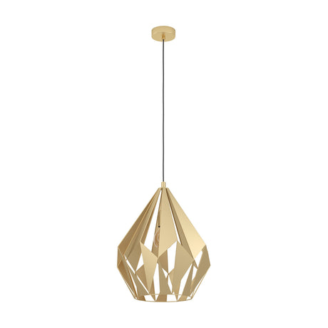 Flermanne 38.5cm gold pendant light with a faceted steel teardrop shade, matching round ceiling rose, and black cord, shown on a white background.
