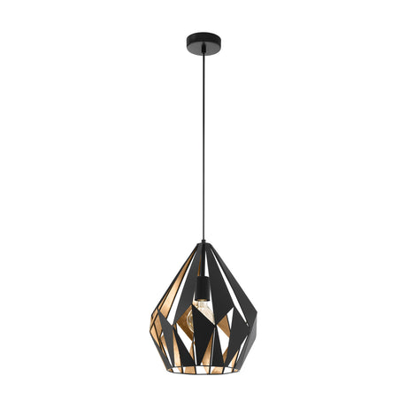 Flermanne pendant light with a faceted steel cage shade, black outside and gold inside, hung on a black cord from a round ceiling canopy, shown against a plain white background.