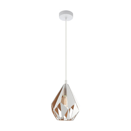 Flermanne pendant light with a faceted teardrop steel shade in white with a gold interior, open triangular cutouts, white cord and ceiling rose, shown on a plain white background.