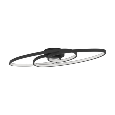 Flimarne LED flush ceiling light with interlocking black oval rings and white plastic diffuser inserts, mounted on a round black canopy, shown on a plain white background.