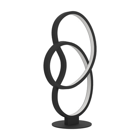 Flimarne LED Table Lamp in black, featuring interlocking aluminium and steel loops with white inner diffusers on a round disc base, shown on a plain white background.