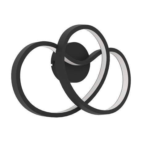 Flimarne LED Wall Light in black, featuring interlocking aluminium and steel loops with white diffuser inner edges, mounted on a round black wall plate against a plain white background.