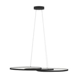 Black Flimarne LED pendant light with three interlinked oval aluminium and steel loops, white diffusers, and fine wires from a round ceiling canopy.