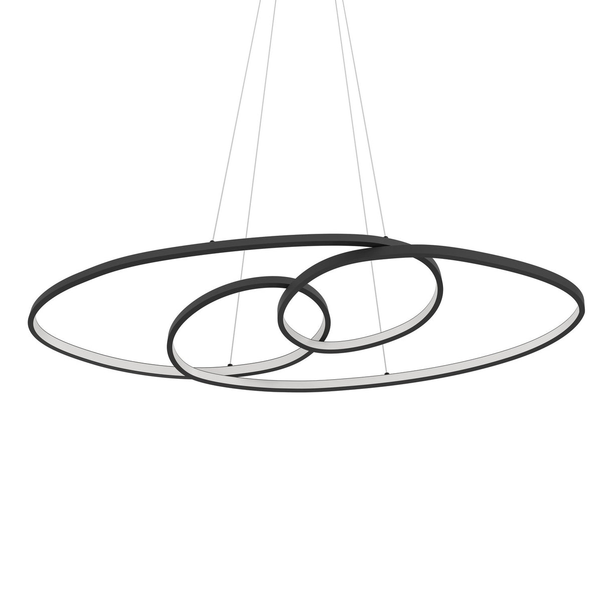 Flimarne black LED pendant light with three interlinked oval aluminium and steel loops, white diffuser strips, hung on fine wires from a round canopy against a plain white background.
