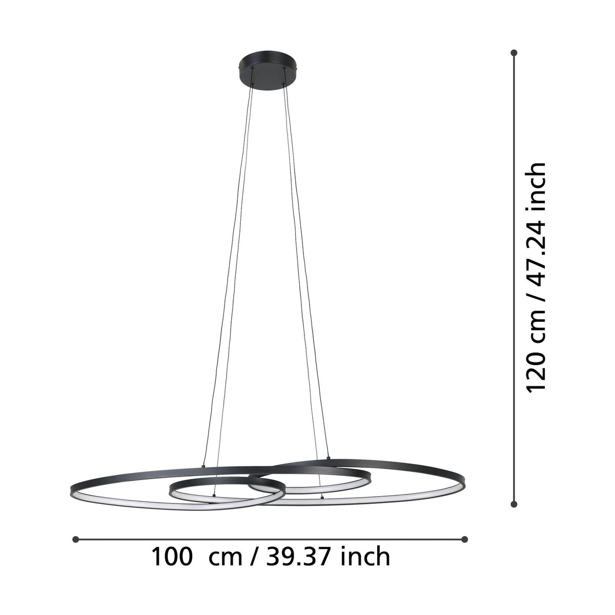 Flimarne black LED pendant light with three interlinked oval rings on fine hanging wires from a round ceiling canopy, shown with size diagram: 100cm wide, 120cm drop.