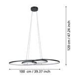 Flimarne black LED pendant light with three interlinked oval rings on fine hanging wires from a round ceiling canopy, shown with size diagram: 100cm wide, 120cm drop.
