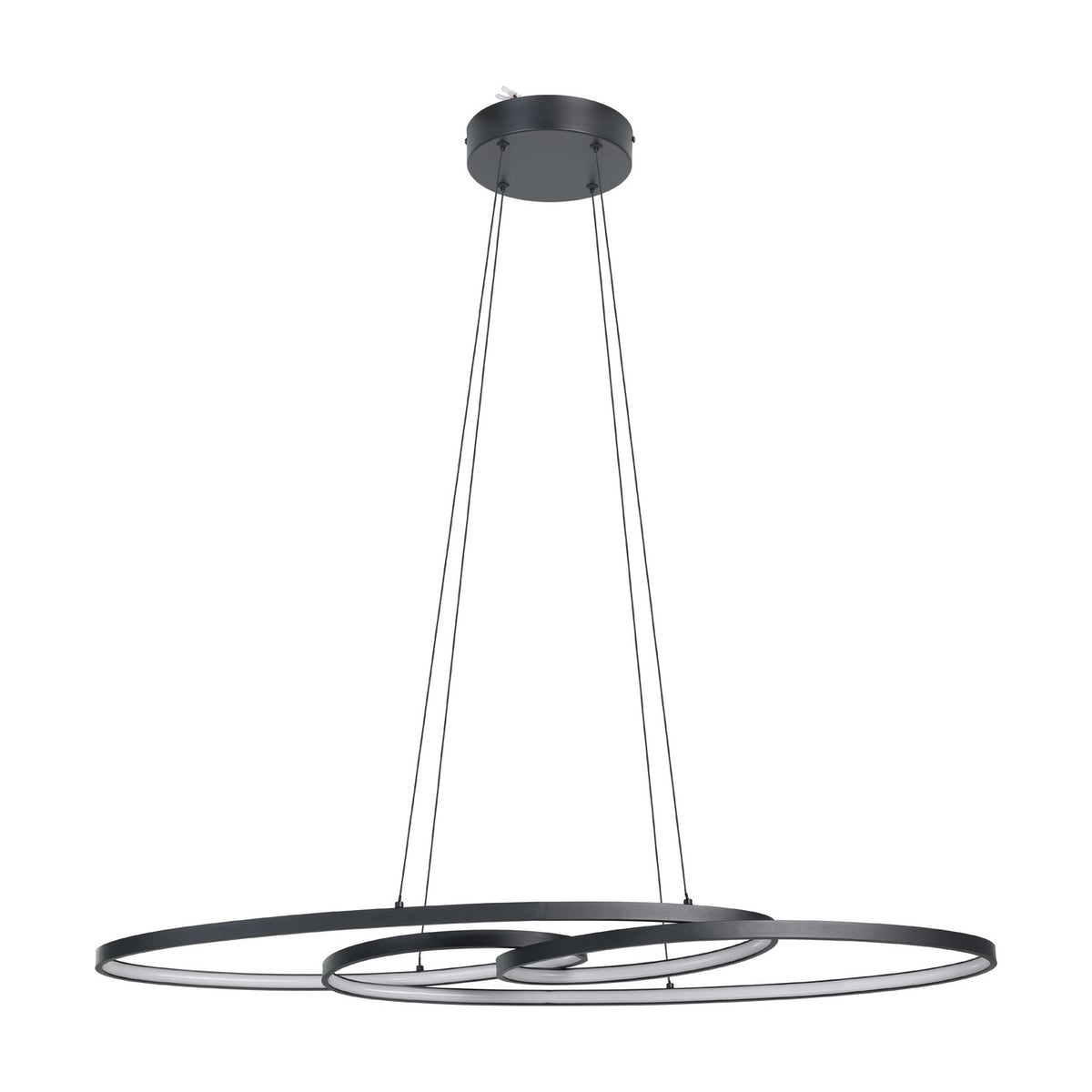 Flimarne Pendant Light in black, three interlinked oval LED rings with white diffusers, suspended on four thin wires from a round ceiling canopy, shown on a plain white background.