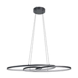 Flimarne Pendant Light in black, three interlinked oval LED rings with white diffusers, suspended on four thin wires from a round ceiling canopy, shown on a plain white background.