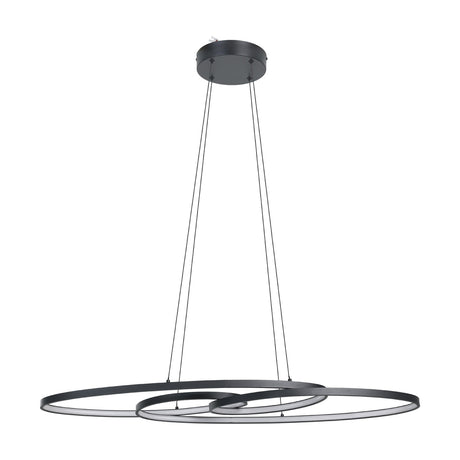 Flimarne Pendant Light in black, three interlinked oval LED rings with white diffusers, suspended on four thin wires from a round ceiling canopy, shown on a plain white background.
