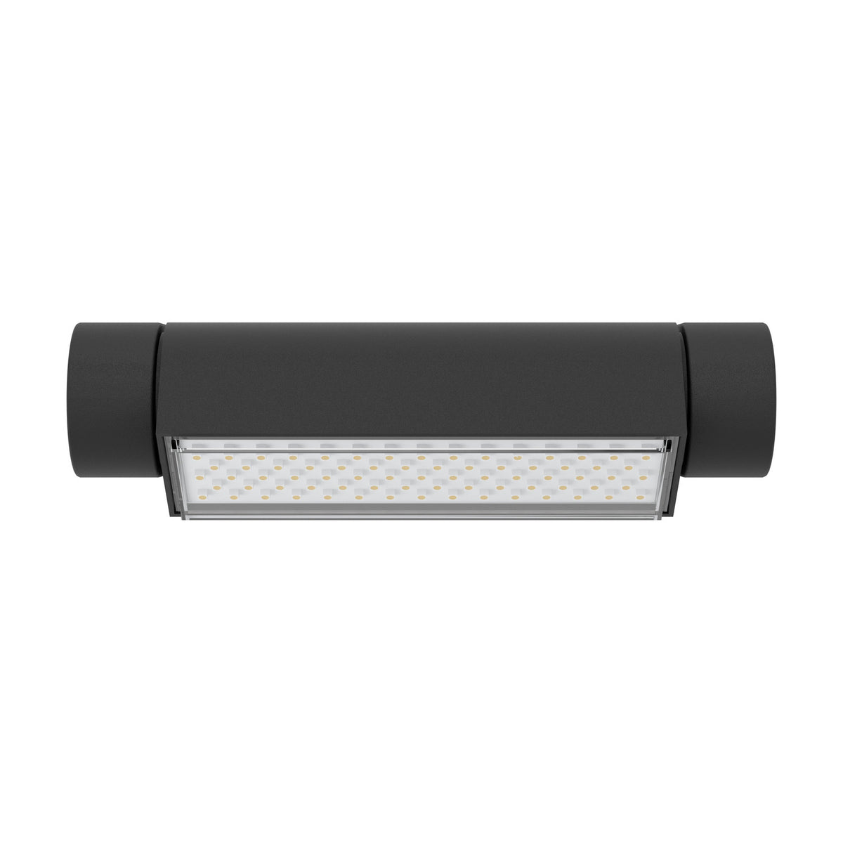 Flirmane LED Outdoor Wall Light in black cast aluminium, cylindrical body with a rectangular LED panel under a clear cover, shown on a plain white background.
