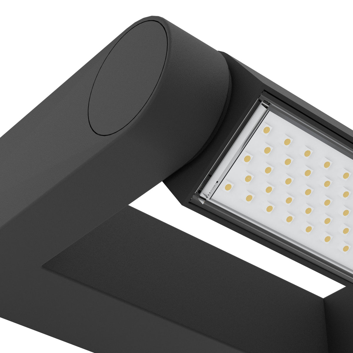 Close-up of the Flirmane LED outdoor wall light in black cast aluminium, showing the cylindrical head and rectangular open frame with integrated LED panel, on a plain white background.
