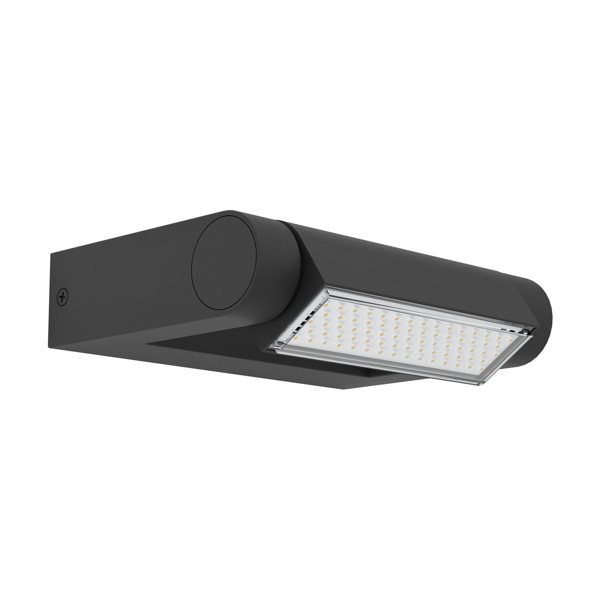 Flirmane black cast aluminium LED outdoor wall light with rectangular base, cylindrical head, clear-covered LED panel, IP44 rated, on white background.