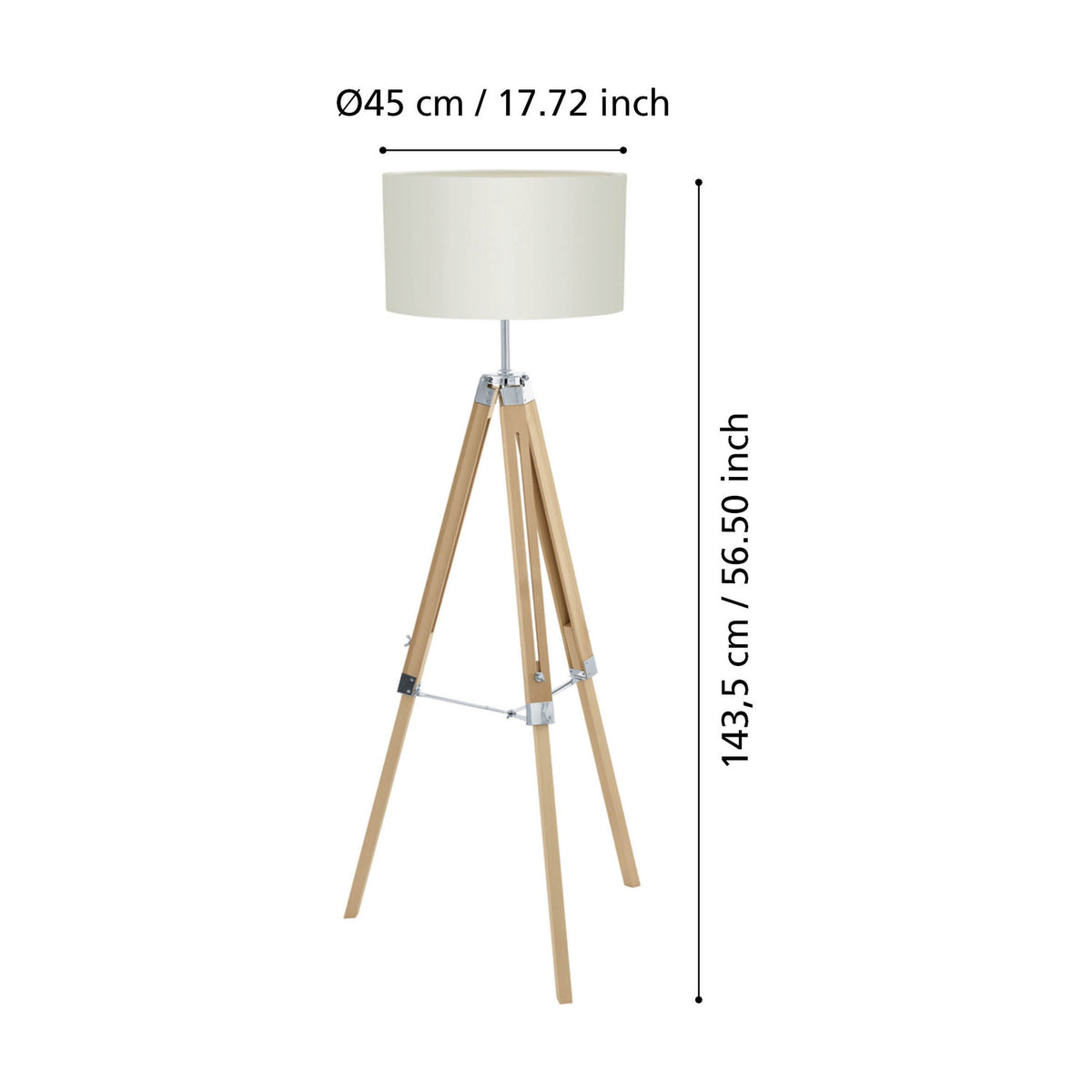 Flivelle Floor Lamp with natural wood tripod legs, chrome fittings, and beige fabric drum shade, shown with dimensions of 143.5cm height and 45cm shade diameter on a white background.