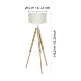 Flivelle Floor Lamp with natural wood tripod legs, chrome fittings, and beige fabric drum shade, shown with dimensions of 143.5cm height and 45cm shade diameter on a white background.