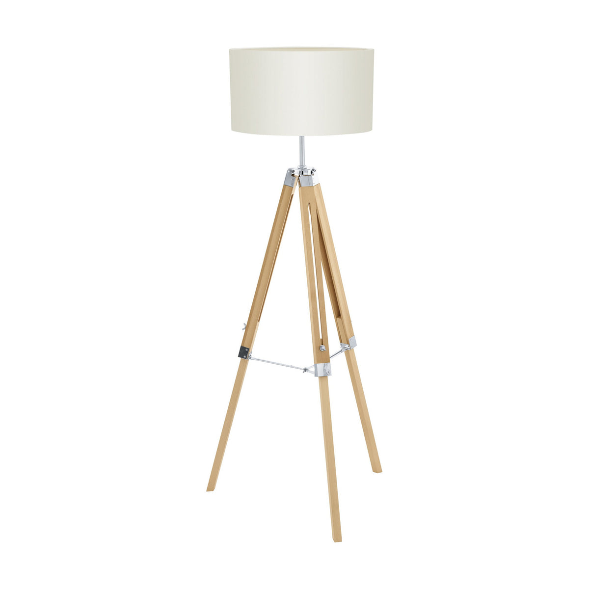 Flivelle Floor Lamp tripod with natural wood legs, chrome fittings and cross brace, and a wide beige fabric drum shade, on a plain white background.