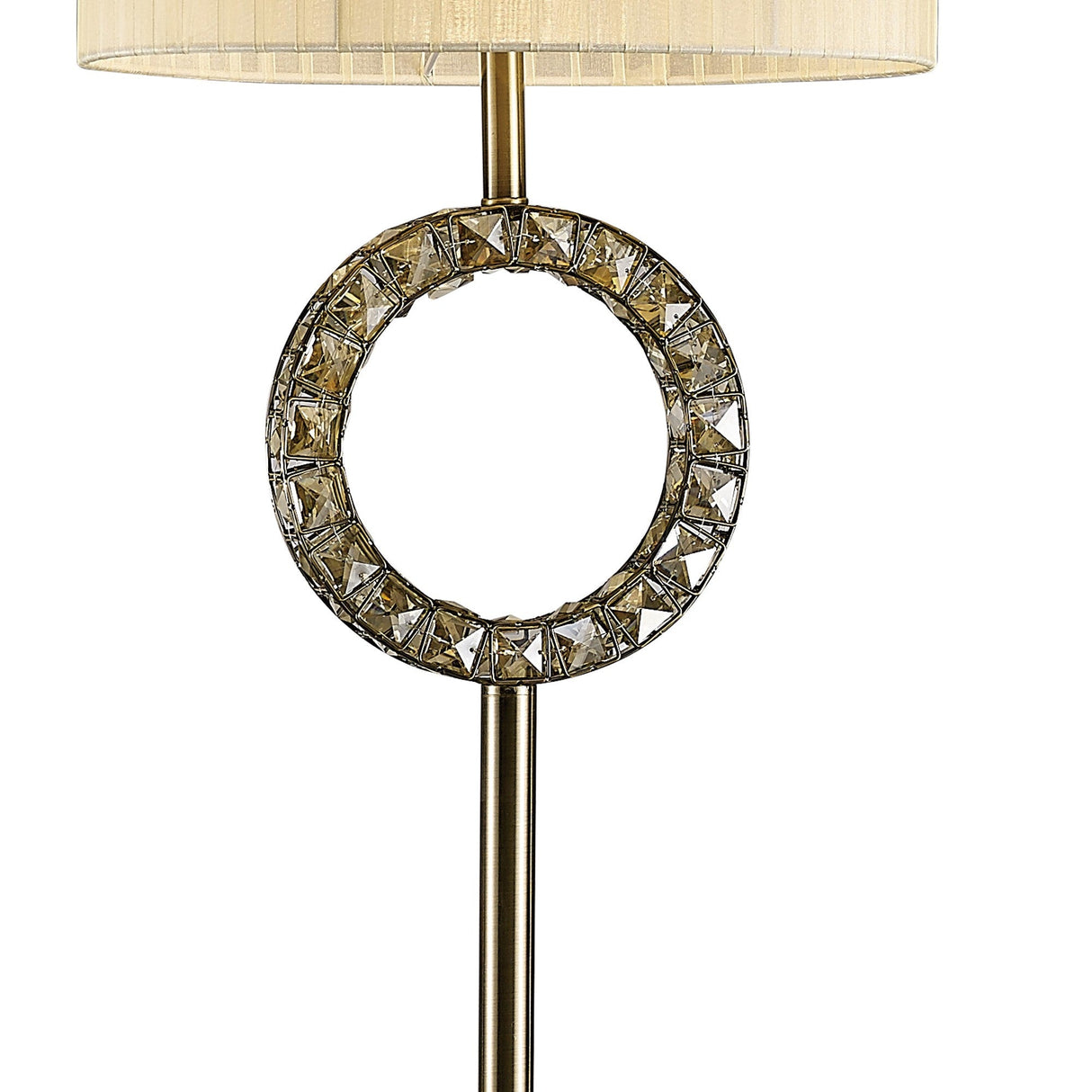 The Florence Round 1 Light Crystal Floor Lamp in brass features a circular decorative metal ring, crystal accents, and a cream shade. This dimmable lamp brings elegance and versatility to any space.