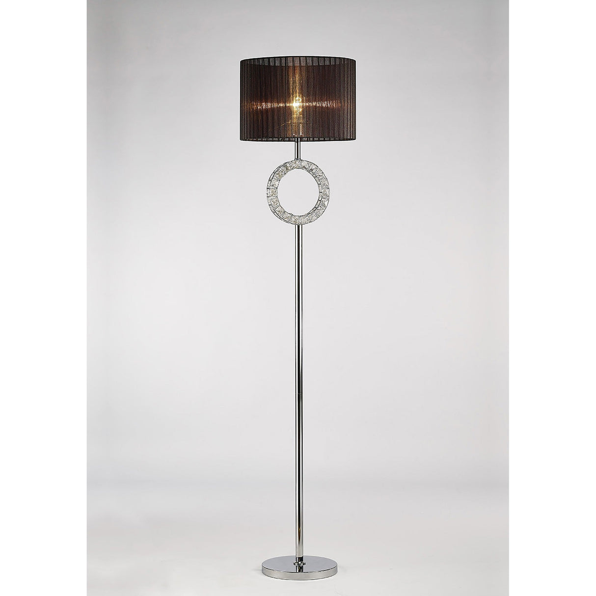 The Florence Round 1 Light Crystal Floor Lamp features a slim chrome stand, round base, central decorative ring, and a white drum shade—ideal for contemporary interiors.