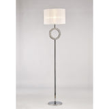 The Florence Round 1 Light Crystal Floor Lamp features a chrome stand, circular base, decorative crystal ring, and a white cylindrical shade—an ideal dimmable lighting option for modern interiors.