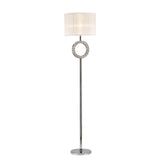 The Florence Round 1 Light Crystal Floor Lamp features a round silver base, slim chrome pole, decorative crystal ring, and a white drum shade—ideal for contemporary interiors.