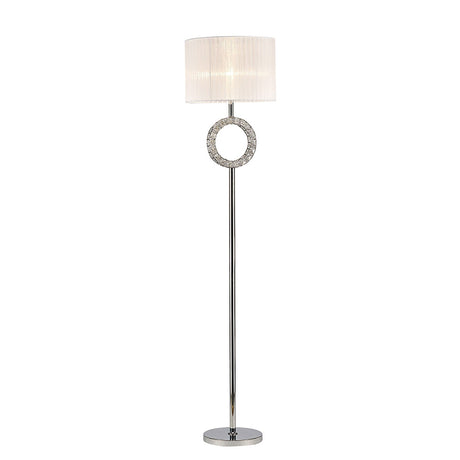 The Florence Round 1 Light Crystal Floor Lamp features a round silver base, slim chrome pole, decorative crystal ring, and a white drum shade—ideal for contemporary interiors.