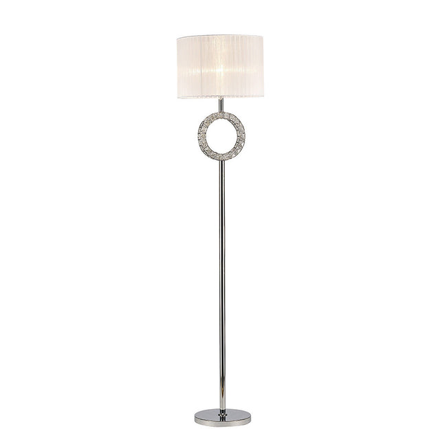 The Florence Round 1 Light Crystal Floor Lamp features a round silver base, slim chrome pole, decorative crystal ring, and a white drum shade—ideal for contemporary interiors.