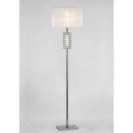 The Florence Rectangle 1 Light Crystal Floor Lamp features a chrome stand, a rectangular white shade, and a crystal accent above its rectangular chrome base.