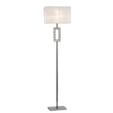 The Florence Rectangle 1 Light Crystal Floor Lamp features a slim chrome stand, flat square base, white rectangular shade, and a geometric crystal accent near the top. It offers modern style with dimmable lighting functionality.