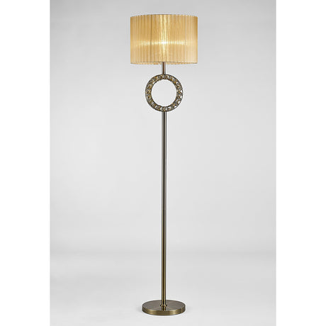 The Florence Round 1 Light Crystal Floor Lamp features a round base, slim brass pole, decorative crystal ring near the top, and a bronze fabric drum shade. Shown against a plain white background.