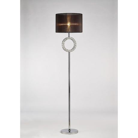 The Florence Round 1 Light Crystal Floor Lamp features a chrome stand, round base, circular crystal accent, and a black semi-transparent drum shade for ambient lighting against a light background.