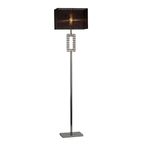 The Florence Rectangle 1 Light Crystal Floor Lamp features a tall chrome stand, black rectangular shade, and a decorative upper section with a rectangular frame adorned with sparkling crystal accents.