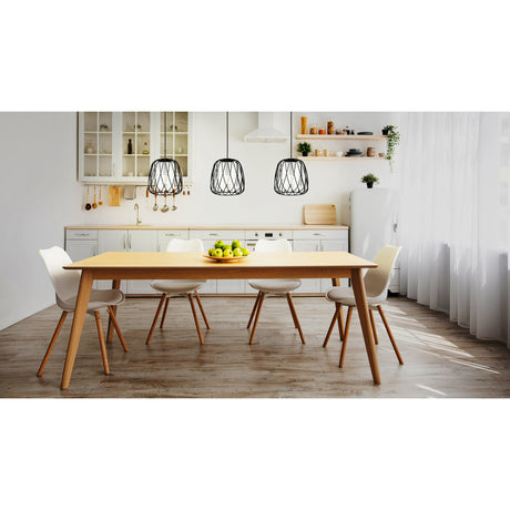 Floresta three-light linear pendant with black wire cage shades over smoked glass, hung above a wooden dining table in a kitchen setting.