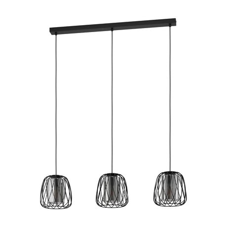 Floresta Smoked Glass Linear Pendant Light in black, featuring a slim ceiling bar with three hanging cage shades of looping black wire around smoked glass cylinders, shown on a white background.